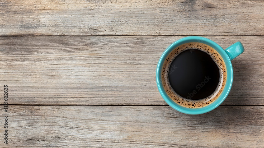 Fresh Brewed Coffee in Turquoise Cup on Wooden Table Fresh Brewed Coffee in Turquoise Cup on Wooden Table