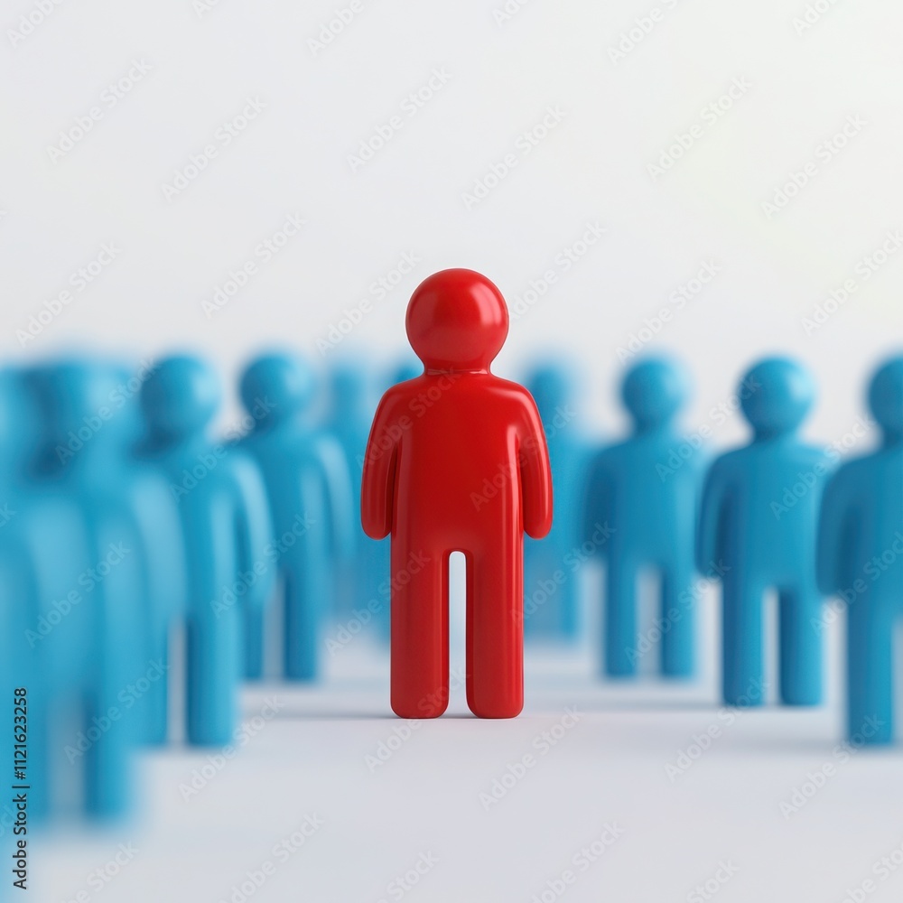 A distinctive red figure stands out among a crowd of blue figures, symbolizing uniqueness and individuality in a group. A distinctive red figure stands out among a crowd of blue figures, symbolizing uniqueness and individuality in a group.