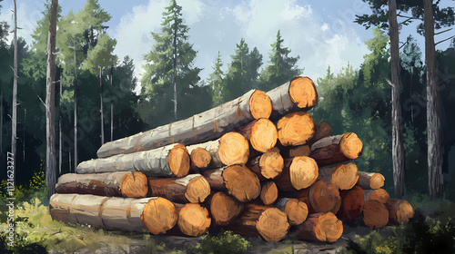 The estonian boreal forest contains a large pile of freshly cut logs. Boreal. Illustration photo