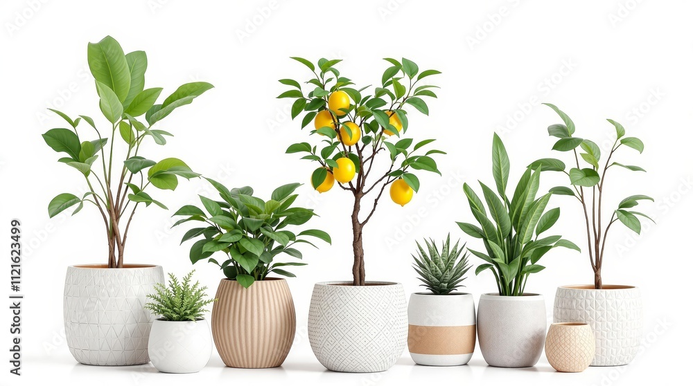 Variety of indoor plants in modern pots on white background Variety of indoor plants in modern pots on white background