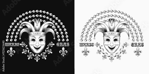 Rainbow label made with bead strings, Fleur de Lis sign, theatrical comedy face mask with jester harlequin hat. Black and white design element for Mardi Gras decoration.