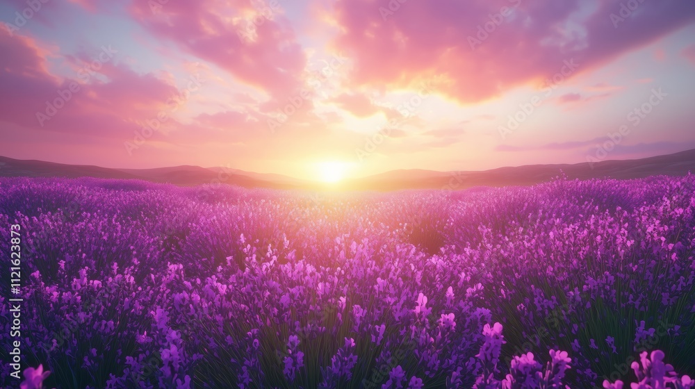 Stunning Lavender Field Under Vibrant Sunrise Sky Stunning Lavender Field Under Vibrant Sunrise Sky