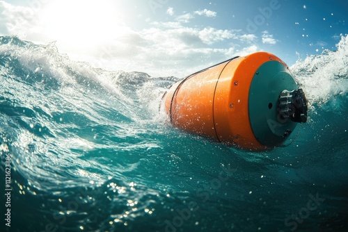 Orange and green wave energy converter device floats in ocean waves. photo