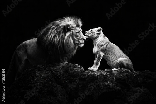 A close-up portrait of a pair of lions sitting, set against a black background. The male lion is sniffing the female