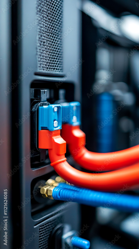 Close-up of color-coded cables connected to a device, emphasizing the intricate details of modern technology and networking equipment. Close-up of color-coded cables connected to a device, emphasizing the intricate details of modern technology and networking equipment.