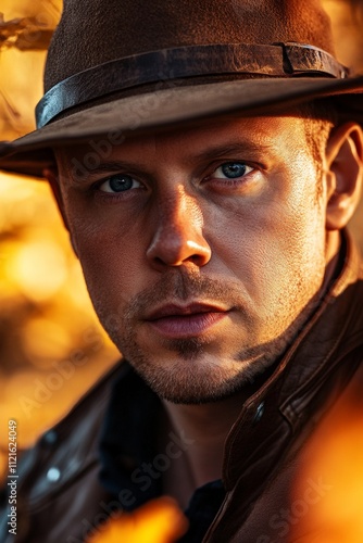 Adventurous Explorer with Cowboy Hat and Intense Gaze Surrounded by Autumn Leaves - Captivating Outdoor Portrait for Travel and Adventure Themes photo