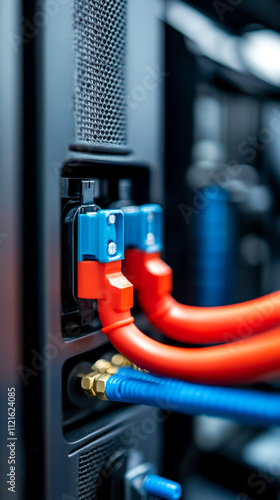 Wallpaper Mural Close-up of color-coded cables connected to a device, emphasizing the intricate details of modern technology and networking equipment. Torontodigital.ca