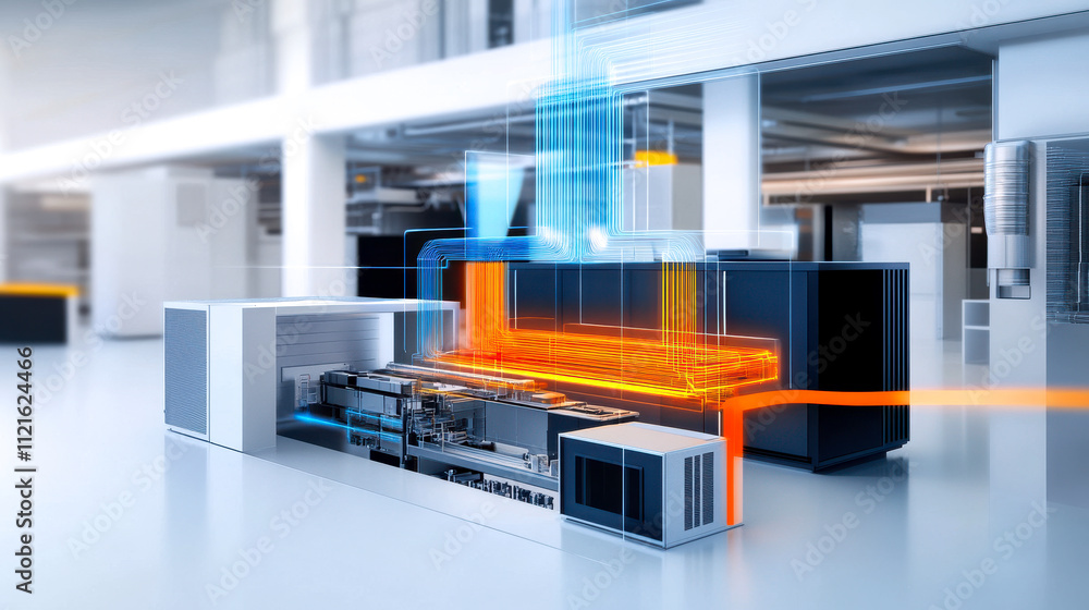 A futuristic industrial setup showcasing advanced machinery and streamlined processes with vibrant data flows and a clean environment. A futuristic industrial setup showcasing advanced machinery and streamlined processes with vibrant data flows and a clean environment.