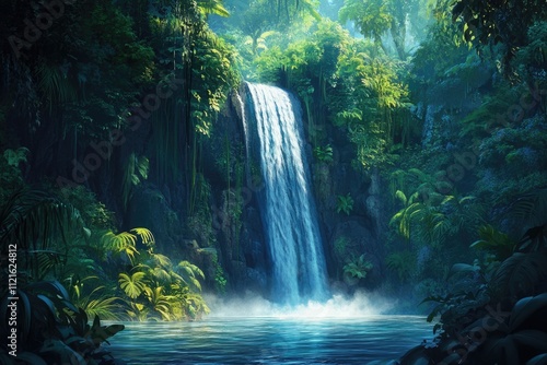 Serene waterfall cascading into a lush, tropical pool surrounded by vibrant green foliage.