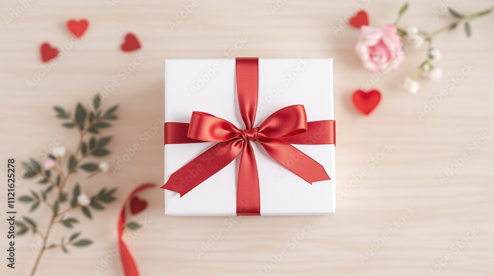 Elegant white gift box with red ribbon and floral accents on romantic background Elegant white gift box with red ribbon and floral accents on romantic background