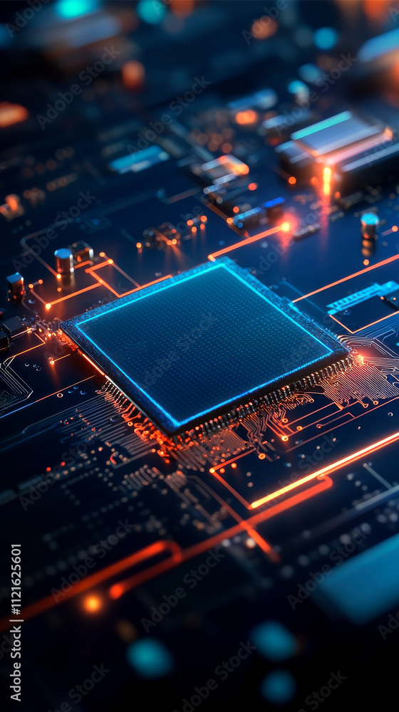 A close-up view of a computer circuit board with illuminated elements, showcasing intricate technology and modern digital design. A close-up view of a computer circuit board with illuminated elements, showcasing intricate technology and modern digital design.