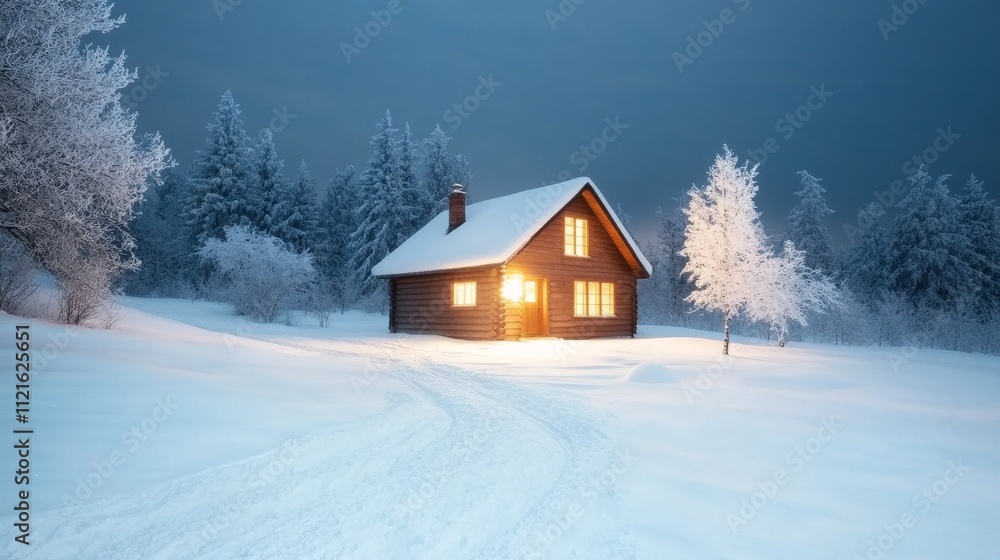 Cozy Winter Cabin in Snowy Landscape - A serene winter scene featuring a cozy cabin illuminated by warm light amidst snow-covered trees and a tranquil landscape. Cozy Winter Cabin in Snowy Landscape - A serene winter scene featuring a cozy cabin illuminated by warm light amidst snow-covered trees and a tranquil landscape.