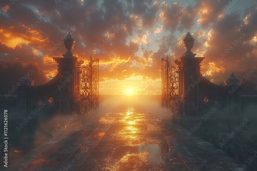 Naklejka premium Mysterious gate sunny entrance. New life or beginning concept,. 