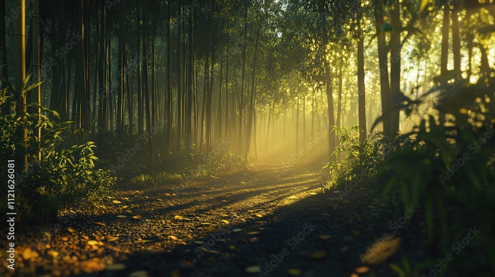 a bamboo forest during the golden hour. The sun's warm light gently illuminates the bamboo, a bamboo forest during the golden hour. The sun's warm light gently illuminates the bamboo,
