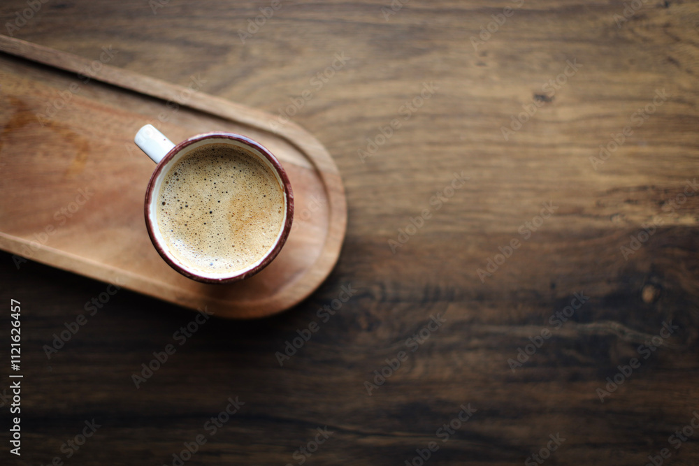 hot cup of coffee on wooden plate, flatlay, cozy autumn or winter holiday hot cup of coffee on wooden plate, flatlay, cozy autumn or winter holiday