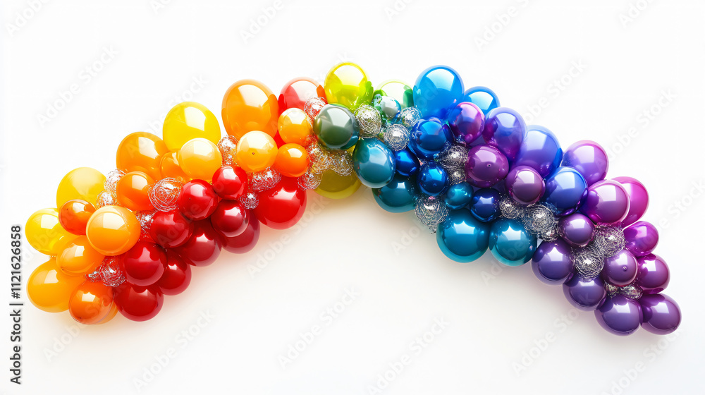 Shimmering Rainbow Balloons Cascading Design on White Background Shimmering Rainbow Balloons Cascading Design on White Background