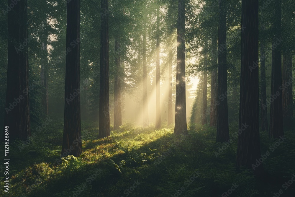 Sunbeams pierce a dense, misty forest, illuminating ferns and tall trees. Sunbeams pierce a dense, misty forest, illuminating ferns and tall trees.