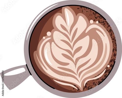Cup of coffee, top view. Latte, cappuccino, americano. Hot coffee drink with a picture in a mug. Flat cartoon illustration isolated on white background