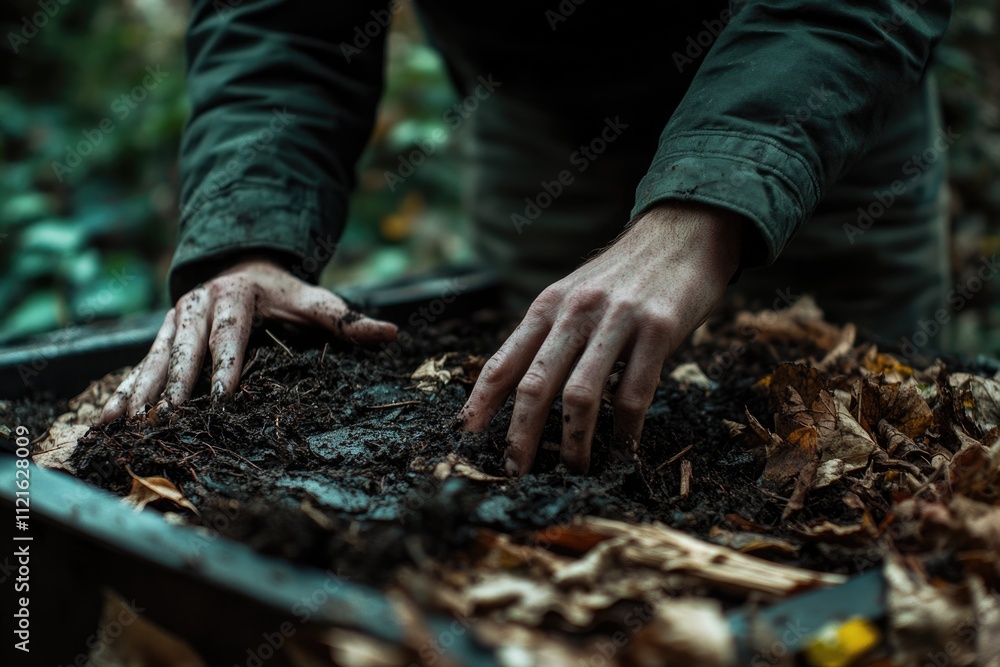 Obraz premium A person's hands are deeply embedded in dark soil, mixing it with decaying leaves.