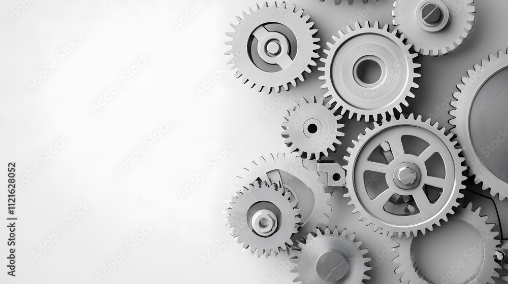 Interconnected metallic gears on a light background Interconnected metallic gears on a light background