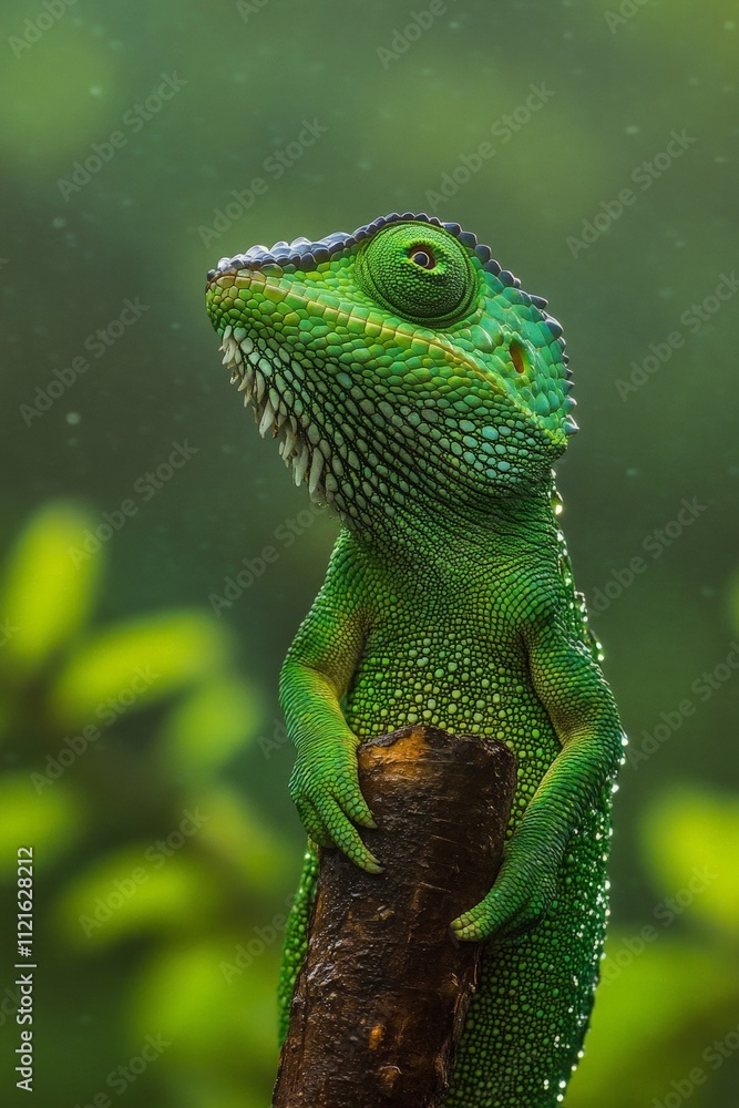 Fototapeta premium Close-up of a vibrant green lizard perched on a branch, surrounded by lush greenery in a serene natural habitat. Exotic wildlife photography.