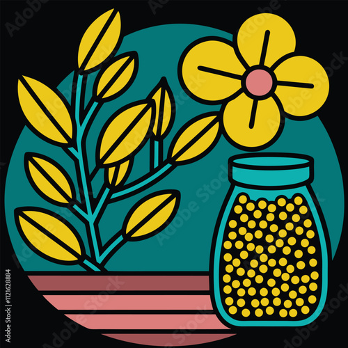 Vector illustration of mustard seeds in a small glass jar with a mustard plant in the background, perfect for cooking, farming, or organic product designs.