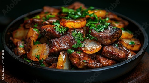 Tjvjik: Sizzling pan of fried liver and onions, with fresh parsley on the side. photo