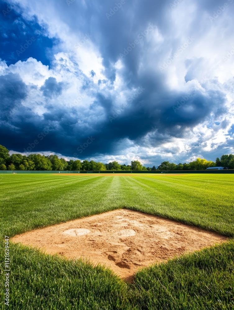 Fototapeta premium Dramatic Baseball Field Under Stormy Skies - A picturesque view of a baseball diamond surrounded by lush grass and looming storm clouds, capturing the essence of outdoor sports.