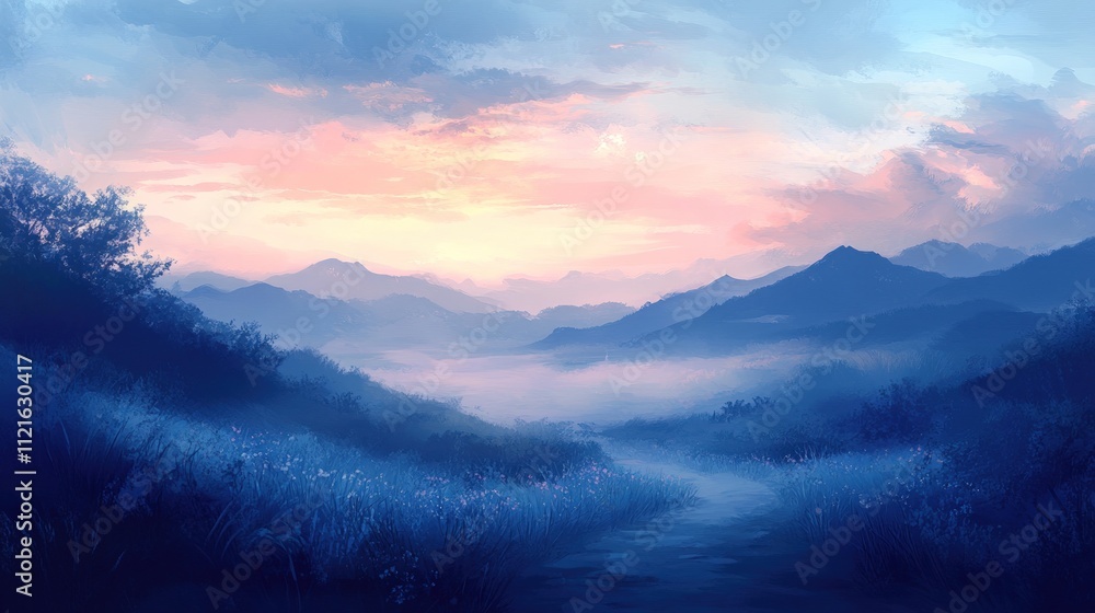 Obraz premium Serene sunrise, misty mountains, path through wildflowers.