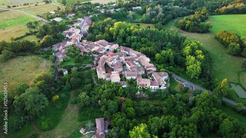 Colorful landscape view of the village of Castelmoron d'Albret in the Bordeaux region. Aerial view of the smallest village in France.