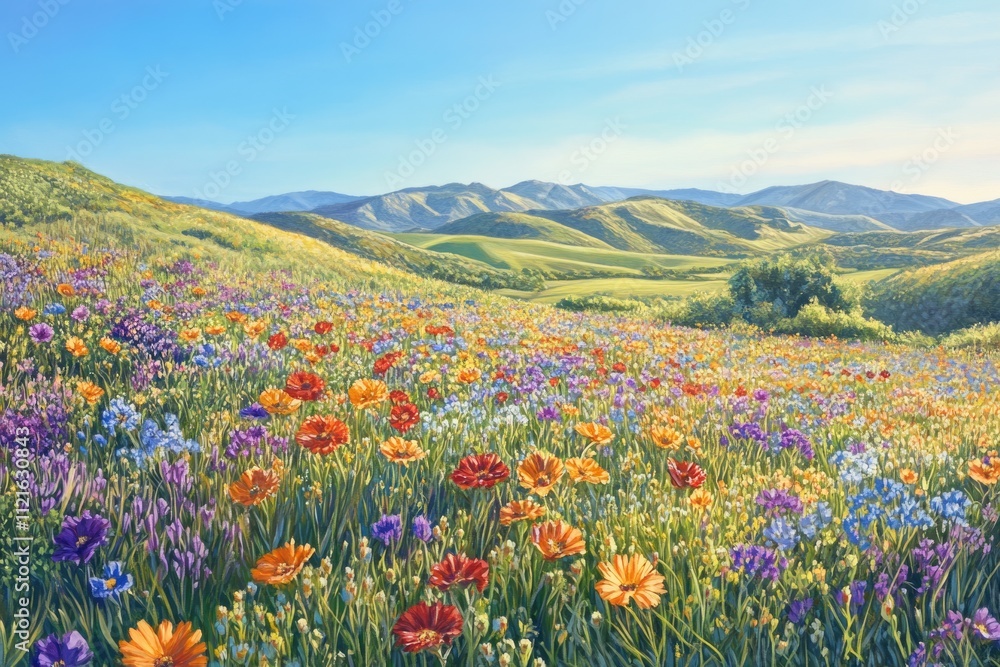 Vibrant wildflowers bloom in a lush meadow against a backdrop of rolling hills under a clear blue sky. Vibrant wildflowers bloom in a lush meadow against a backdrop of rolling hills under a clear blue sky.
