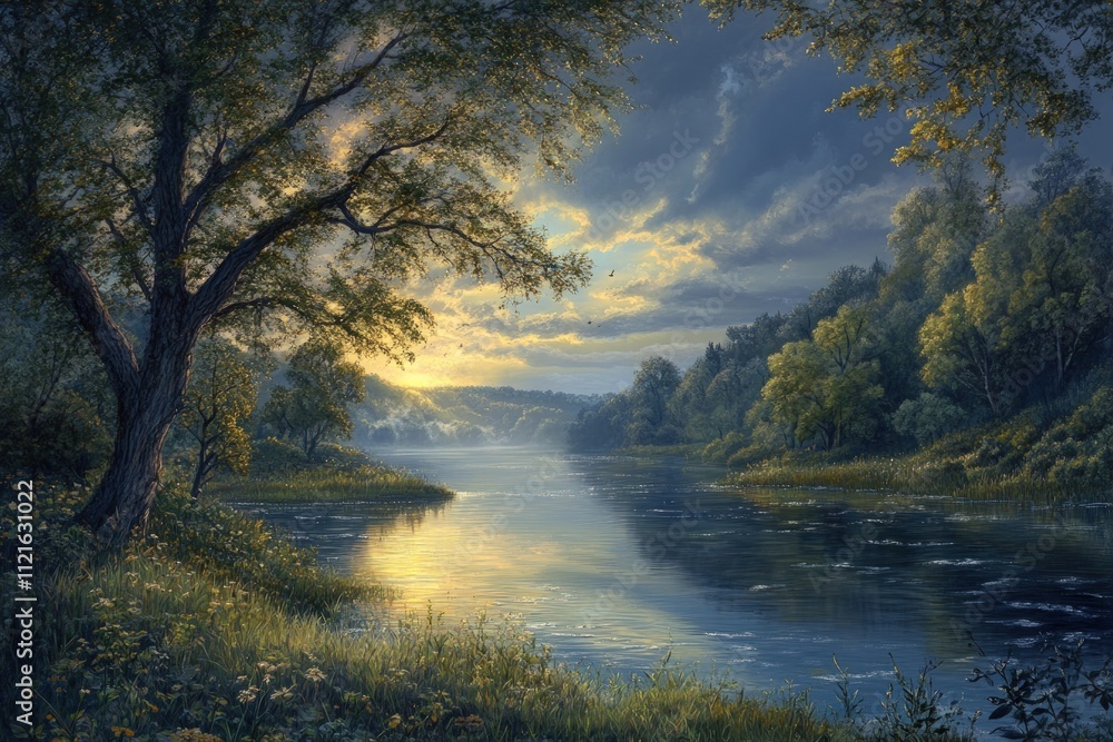 Serene sunset river scene, tranquil forest, calm water. Serene sunset river scene, tranquil forest, calm water.