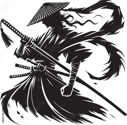 Samurai black and white silhouette assets in vector  photo