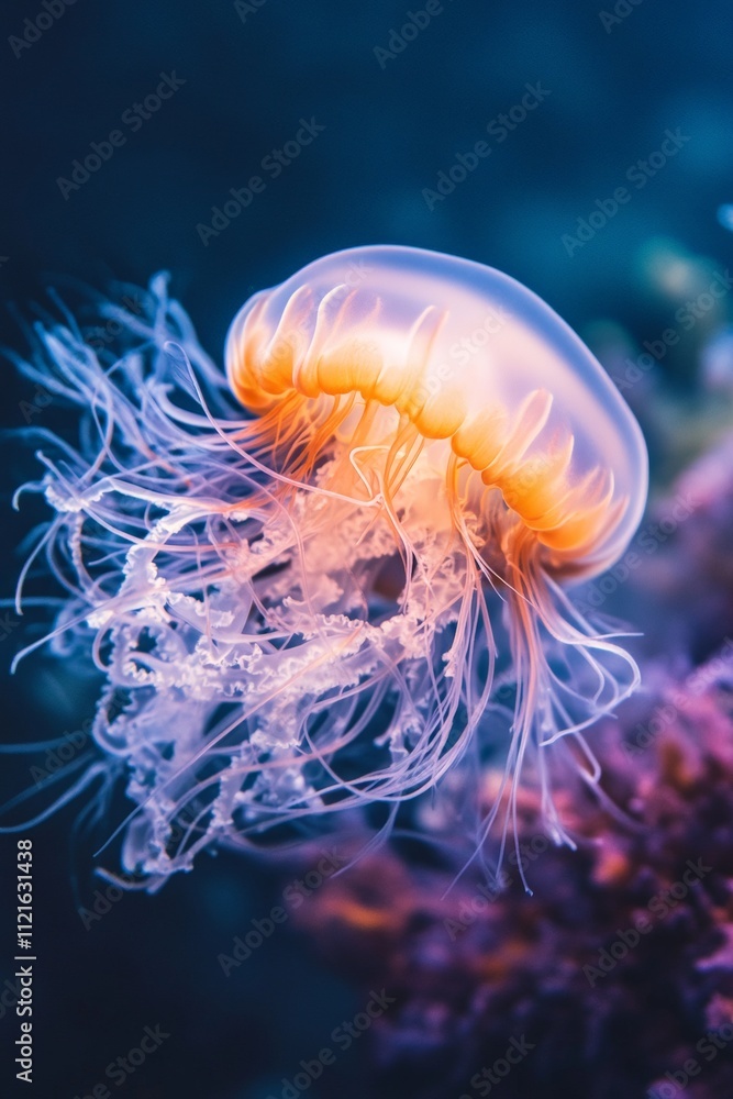Colorful Jellyfish Gliding Through Deep Ocean Waters: Stunning Marine Life Photography for Underwater and Nature Themes Colorful Jellyfish Gliding Through Deep Ocean Waters: Stunning Marine Life Photography for Underwater and Nature Themes