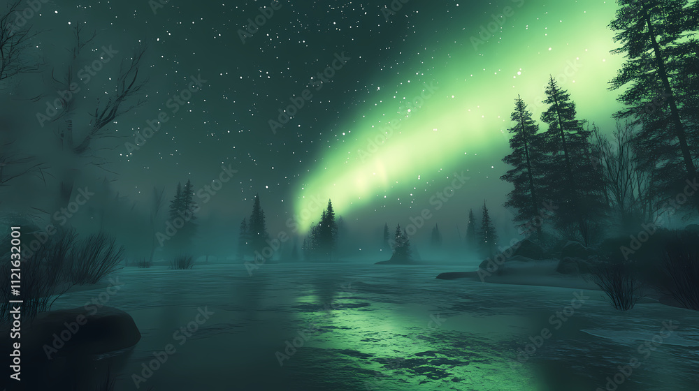custom made wallpaper toronto digitalGreen aurora borealis streaking across sky above a calm lake at night, radiant, green northern lights dancing above a frozen lake surrounded by a boreal forest, ai generated. Boreal. Illustration