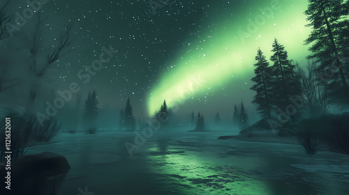 Wallpaper Mural Green aurora borealis streaking across sky above a calm lake at night, radiant, green northern lights dancing above a frozen lake surrounded by a boreal forest, ai generated. Boreal. Illustration Torontodigital.ca