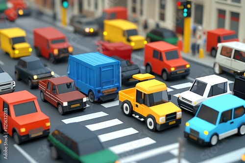 Traffic jam with colorful vehicles city intersection 3d model urban environment aerial view transportation concept