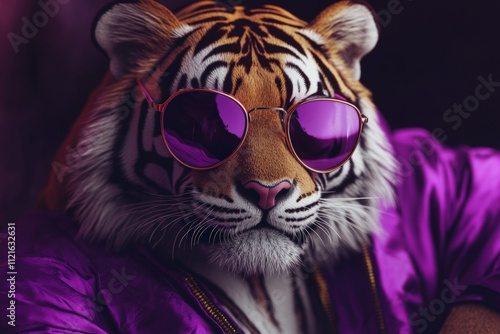 Cool Tiger in Sunglasses and Purple Robe: Unique Artistic Animal Photography for Creative Projects, Marketing, and Social Media Content photo