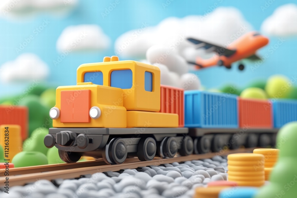 Fototapeta premium Colorful toy train and airplane in a playful landscape 3d render children's imagination bright and cheerful environment