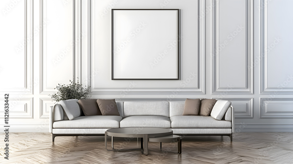 Modern grey sofa in minimalist living room Modern grey sofa in minimalist living room