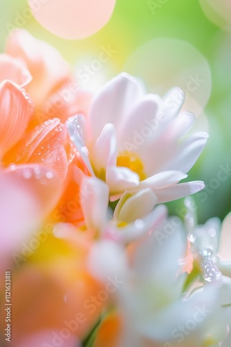 Delicate Close-Up of Soft Colorful Flowers with Dewdrops, Creating a Dreamy Floral Background for Spring or Romantic Themes