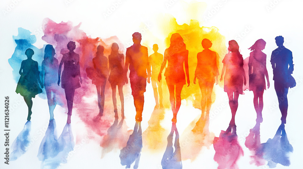 Obraz premium Colorful Watercolor Silhouettes of Walking People Together