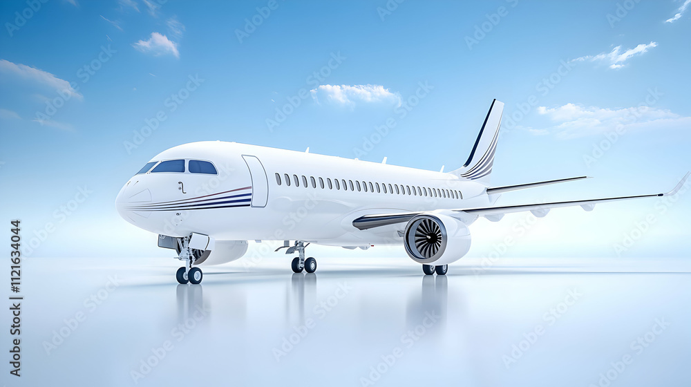 A white passenger jet with boarding stairs is isolated against a sky-filled, bright background. A white passenger jet with boarding stairs is isolated against a sky-filled, bright background.