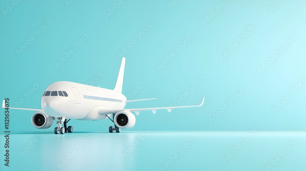Obraz premium A white passenger jet with boarding stairs is isolated against a sky-filled, bright background.