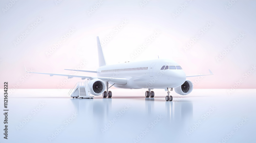 Obraz premium A white passenger jet with boarding stairs is isolated against a sky-filled, bright background.