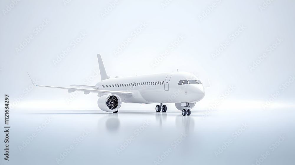 Fototapeta premium A white passenger jet with boarding stairs is isolated against a sky-filled, bright background.