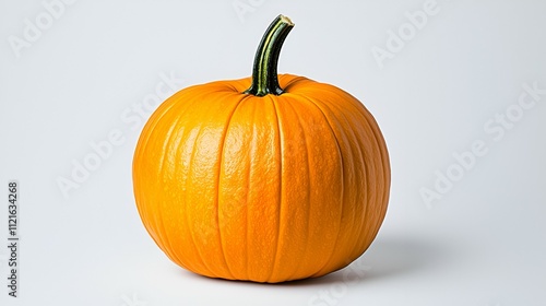 A vibrant orange pumpkin with a curved green stem, resting on a light background, symbolizing autumn and harvest.