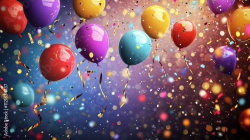 Colorful balloons and confetti celebrating.