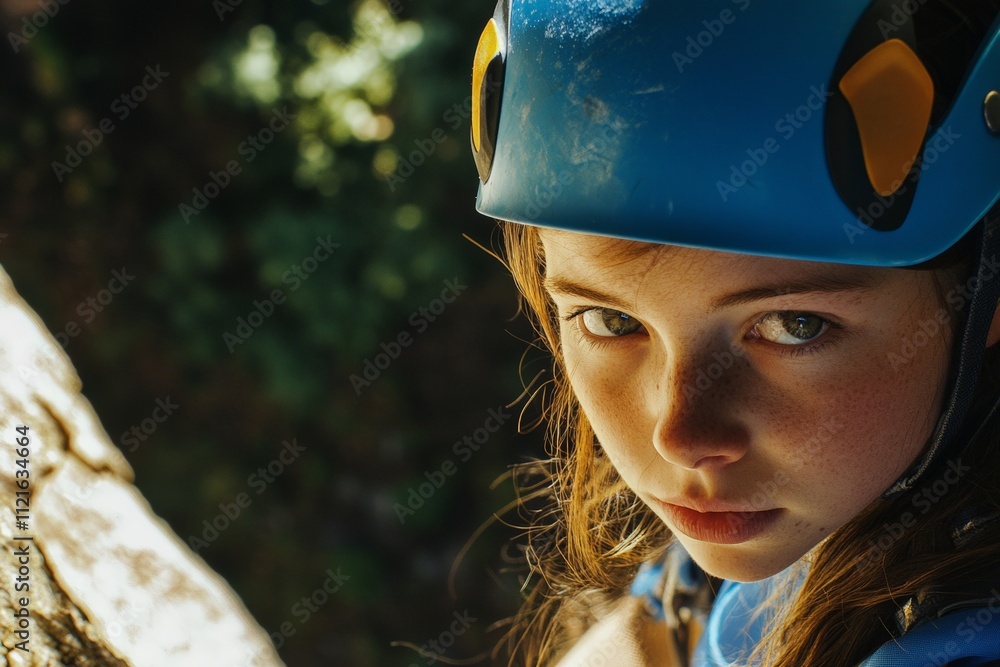 Determined Young Climber Wearing Blue Helmet, Focused on Adventure in Nature, Outdoor Sports and Rock Climbing Activities for Kids Determined Young Climber Wearing Blue Helmet, Focused on Adventure in Nature, Outdoor Sports and Rock Climbing Activities for Kids