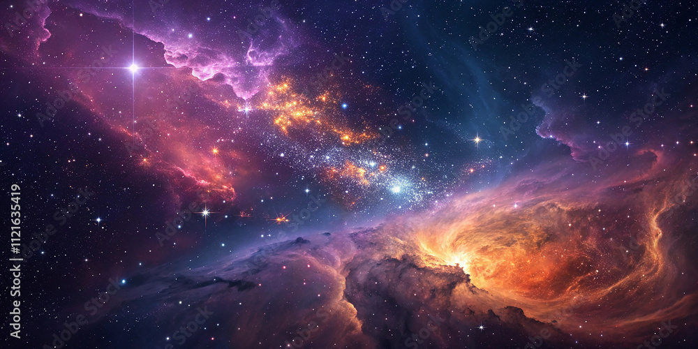 Fototapeta premium Cloud nebula of a colorful cosmic galaxy. Starry night sky. Astronomy and universe science. Background wallpaper of a supernova planetary planet and moon.